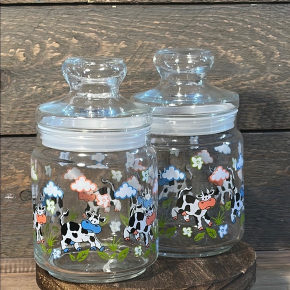 VINTAGE SET OF 2 Charming Cow Print Glass Cookie Snack Jars 7x5" Airtight Seal - Picture 1 of 4